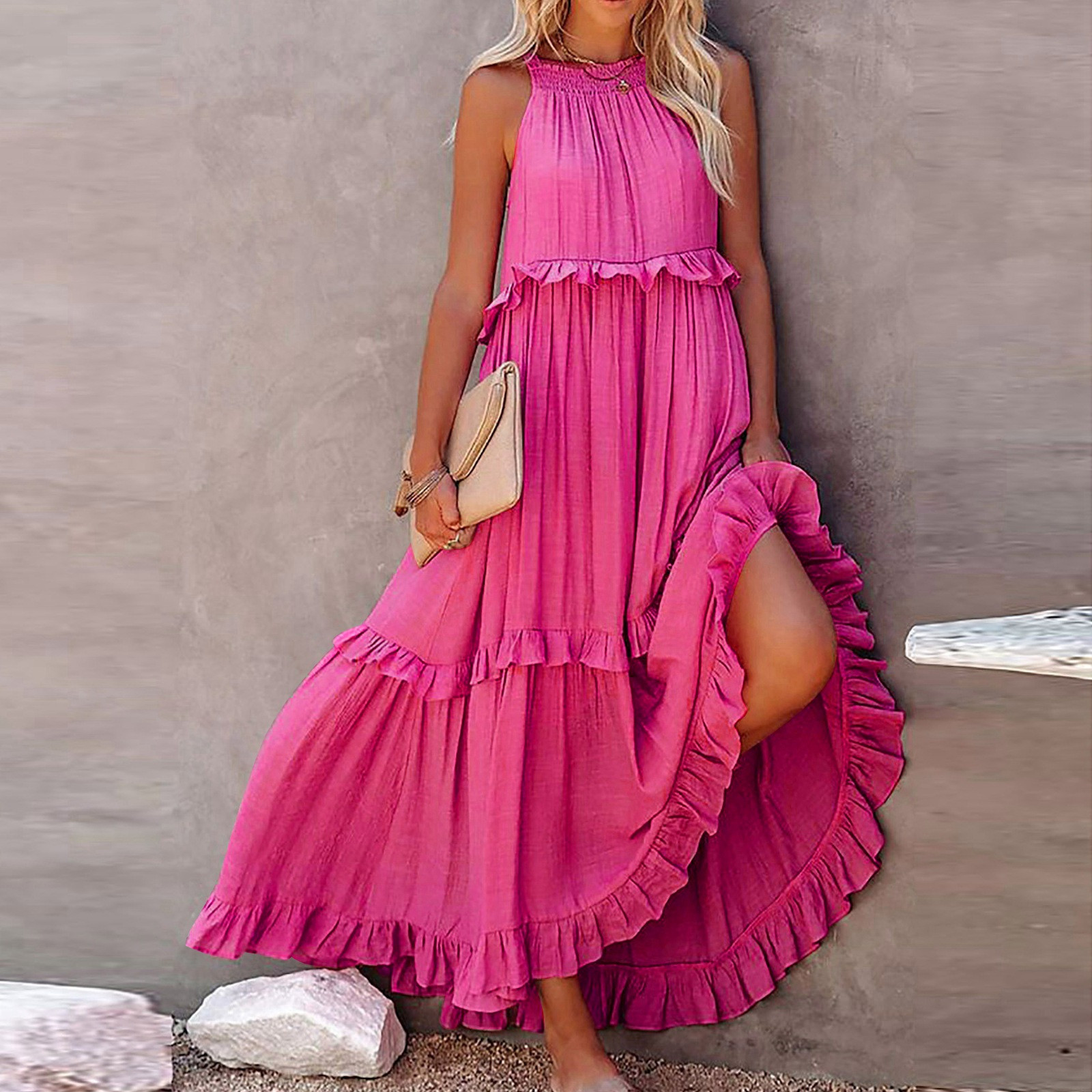 thumbnail image 2 of 2025 Vestido largo sin mangas para mujer, vestido de playa informal con volantes fluidos, vestido de poliéster de cintura alta, tallas S-XXL, 2 of 8